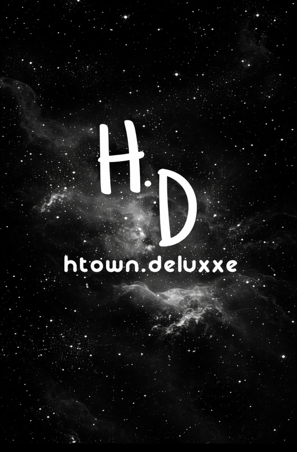 Htown Deluxxe logo with white H.D lettering on a black galaxy background